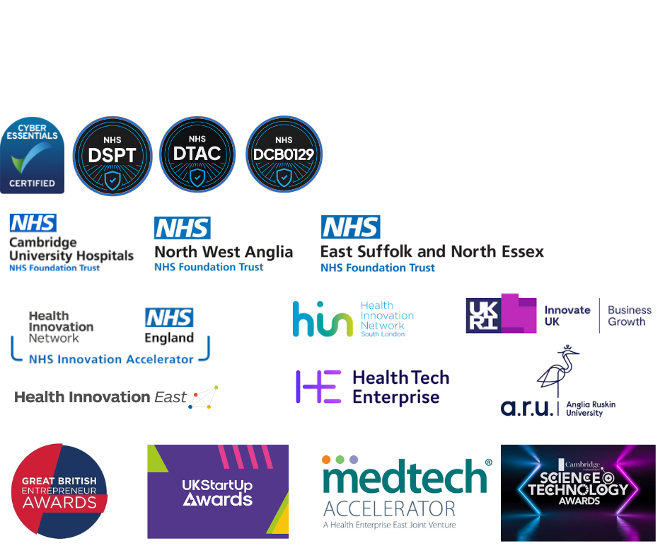 Award and partner logos: NHS trusts, MedTech Accelerator, Great British Entrepreneur Awards, UK Startup Awards, Cambridge Science & Technology Awards